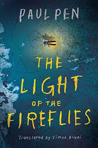 Cover of "The Light of the Fireflies" written in yellow kids handwriting on a dark background with a firefly