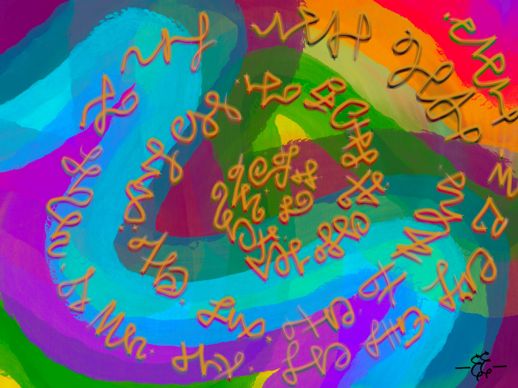 Colorful art background with light language writing in a spiral